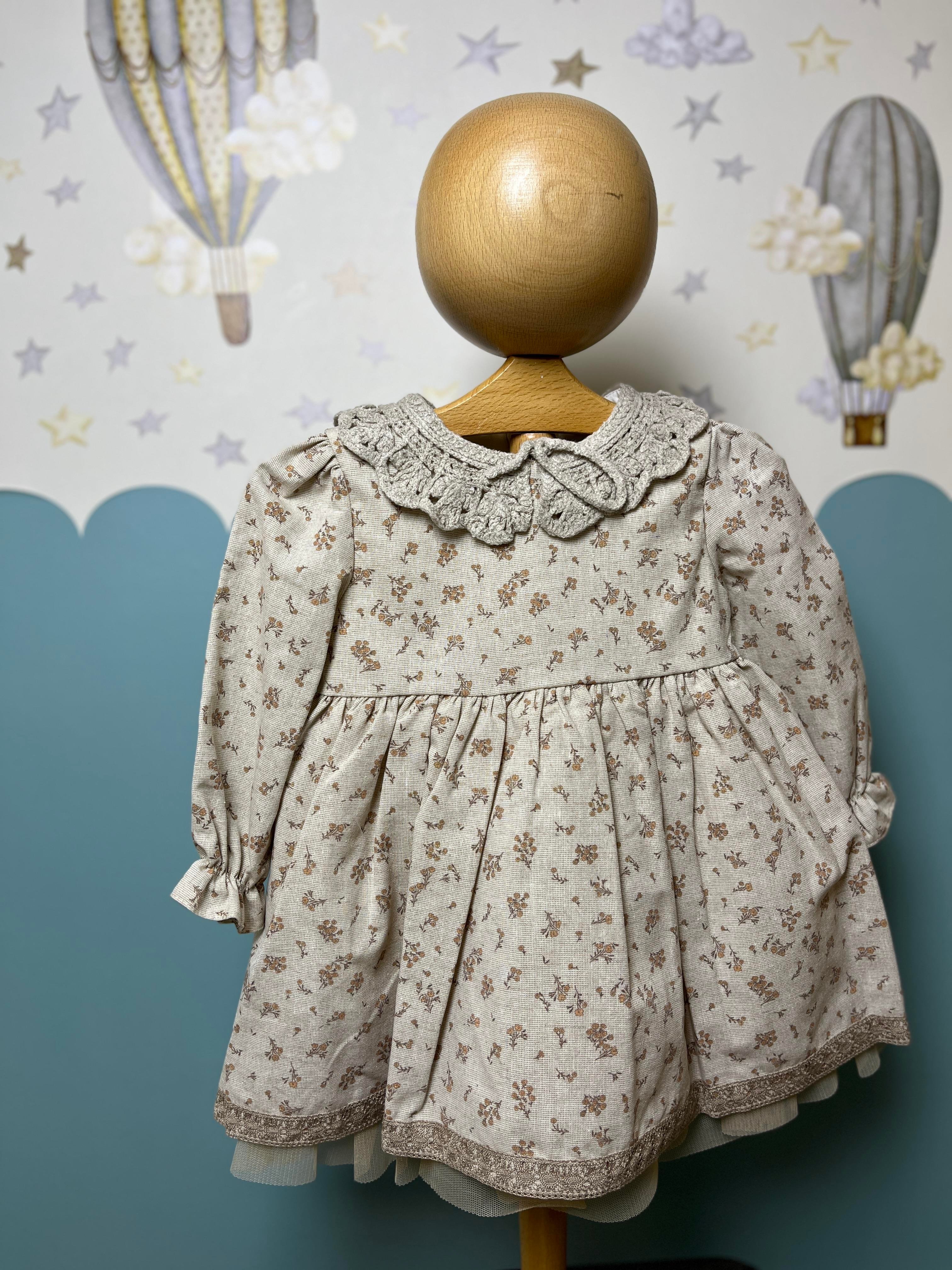 Fukukum Baby Naturel Yakalı Eteği Tül Detaylı Kız Bebek Elbise Kahverengi
