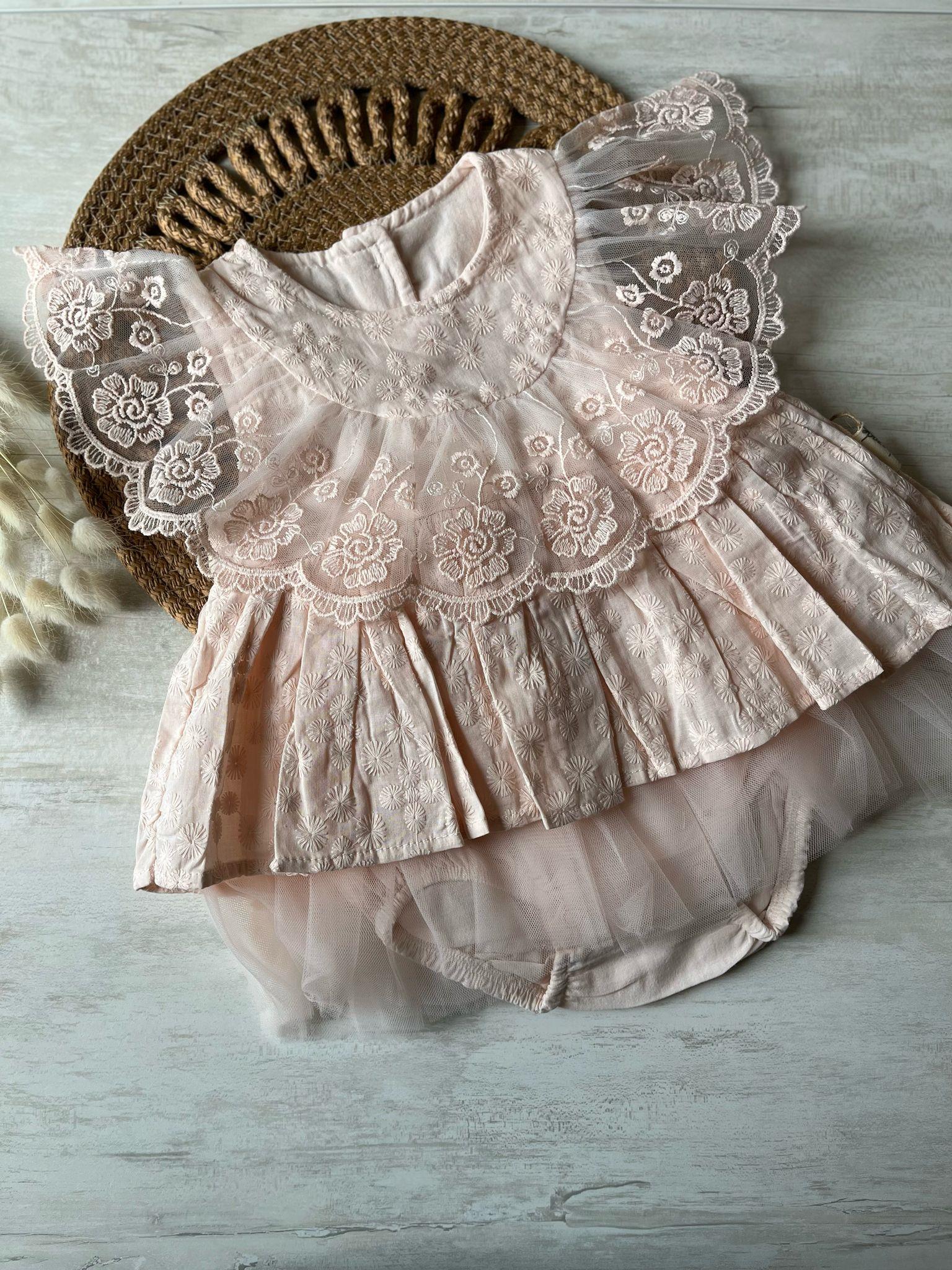 Fukukum Baby Tüllü Brodeli Pembe Kız Bebek Elbise