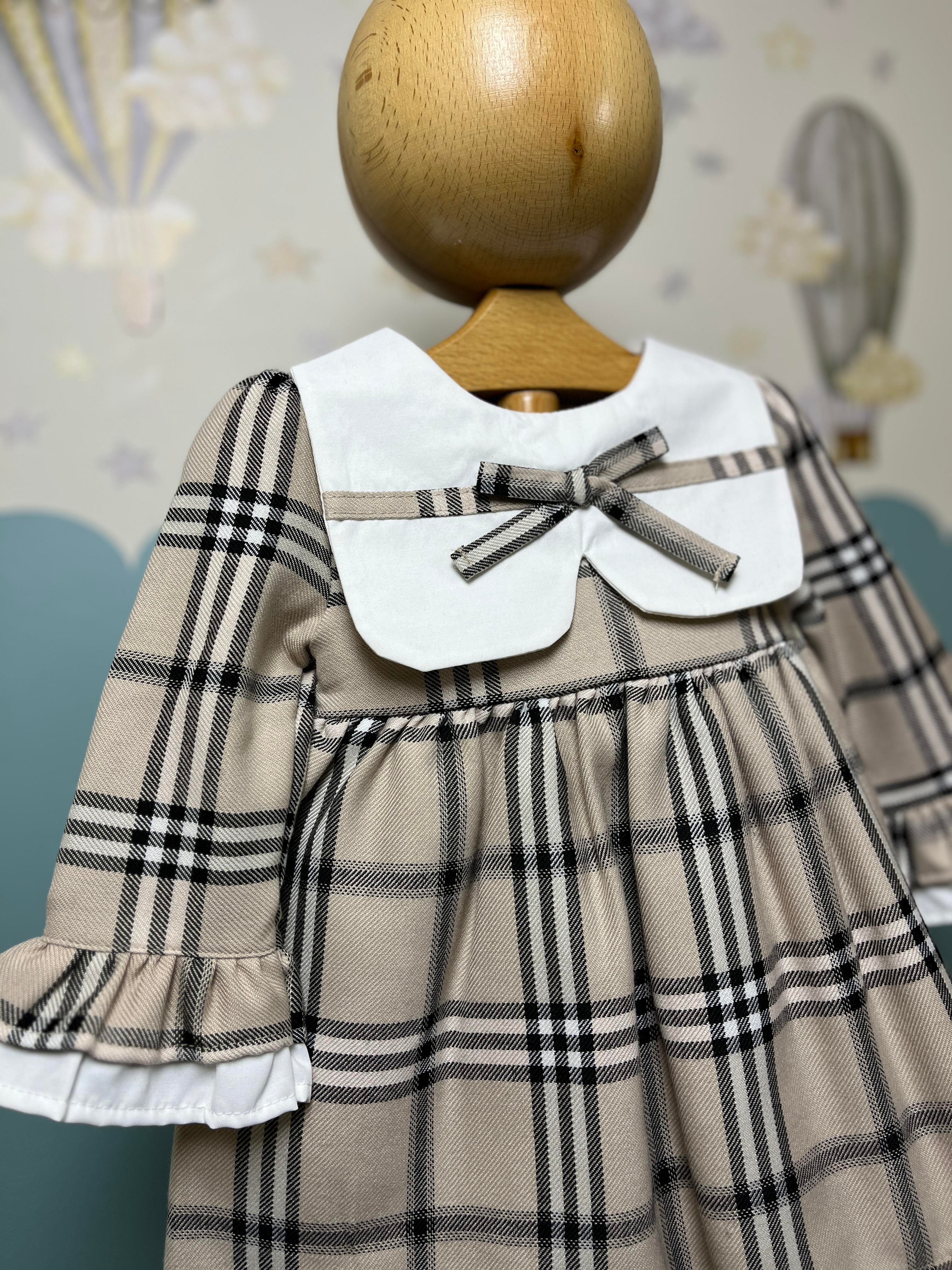 Fukukum Baby Yaka ve Kol Detaylı Ekose Elbise Bej