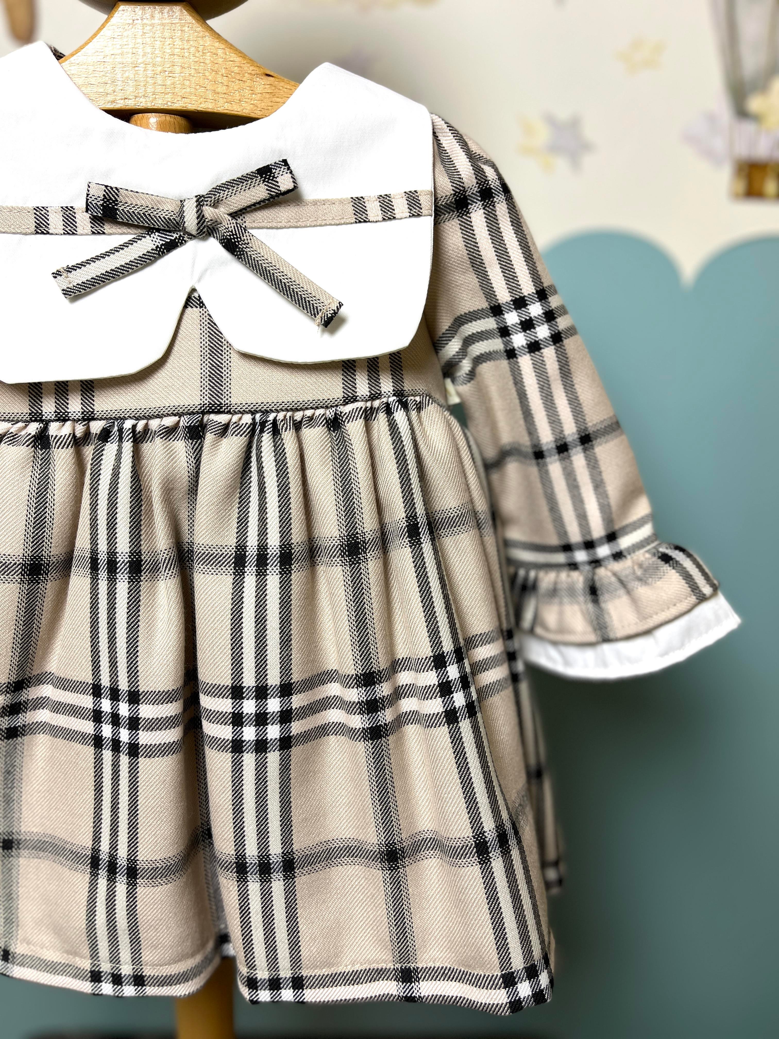 Fukukum Baby Yaka ve Kol Detaylı Ekose Elbise Bej