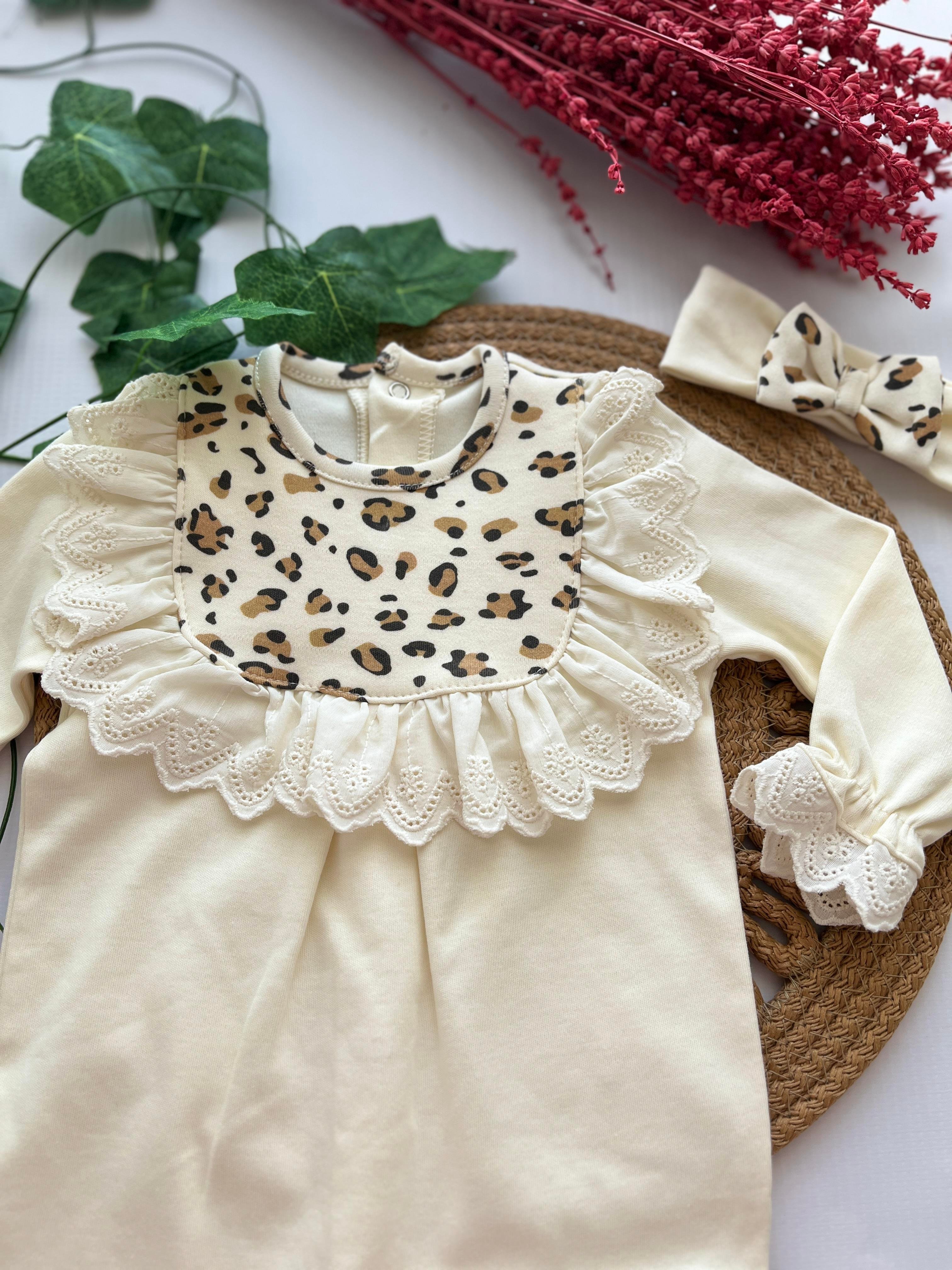 Fukukumbaby Kız Bebek Fistolu Leoparlı Bandanalı Tulum