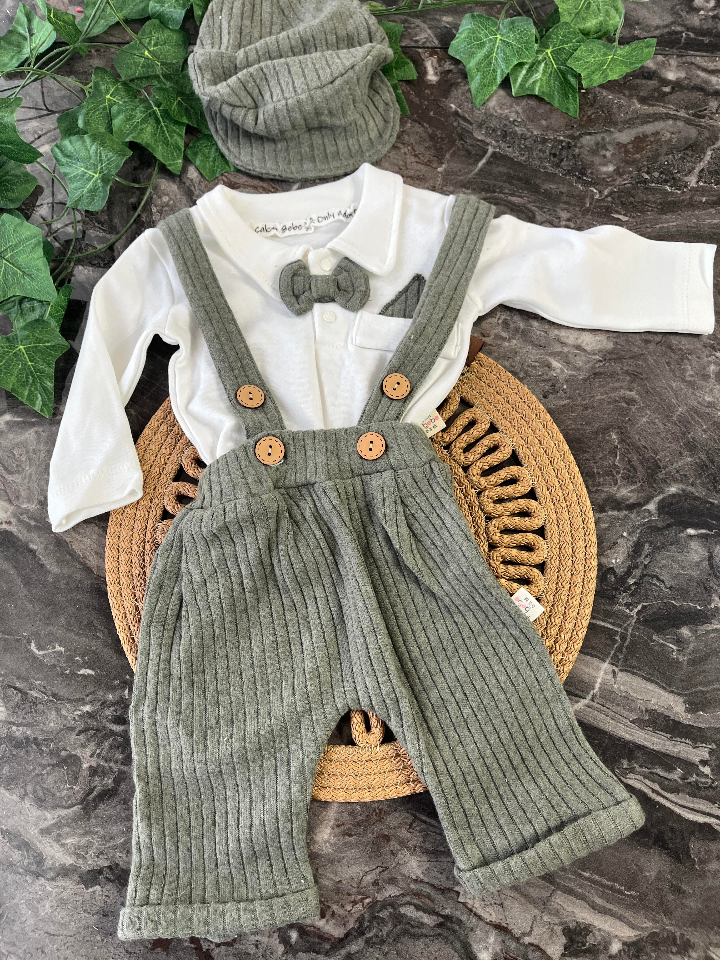 Mendil Detaylı Papyonlu Şapkalı Salopetli Takım Erkek Bebek 