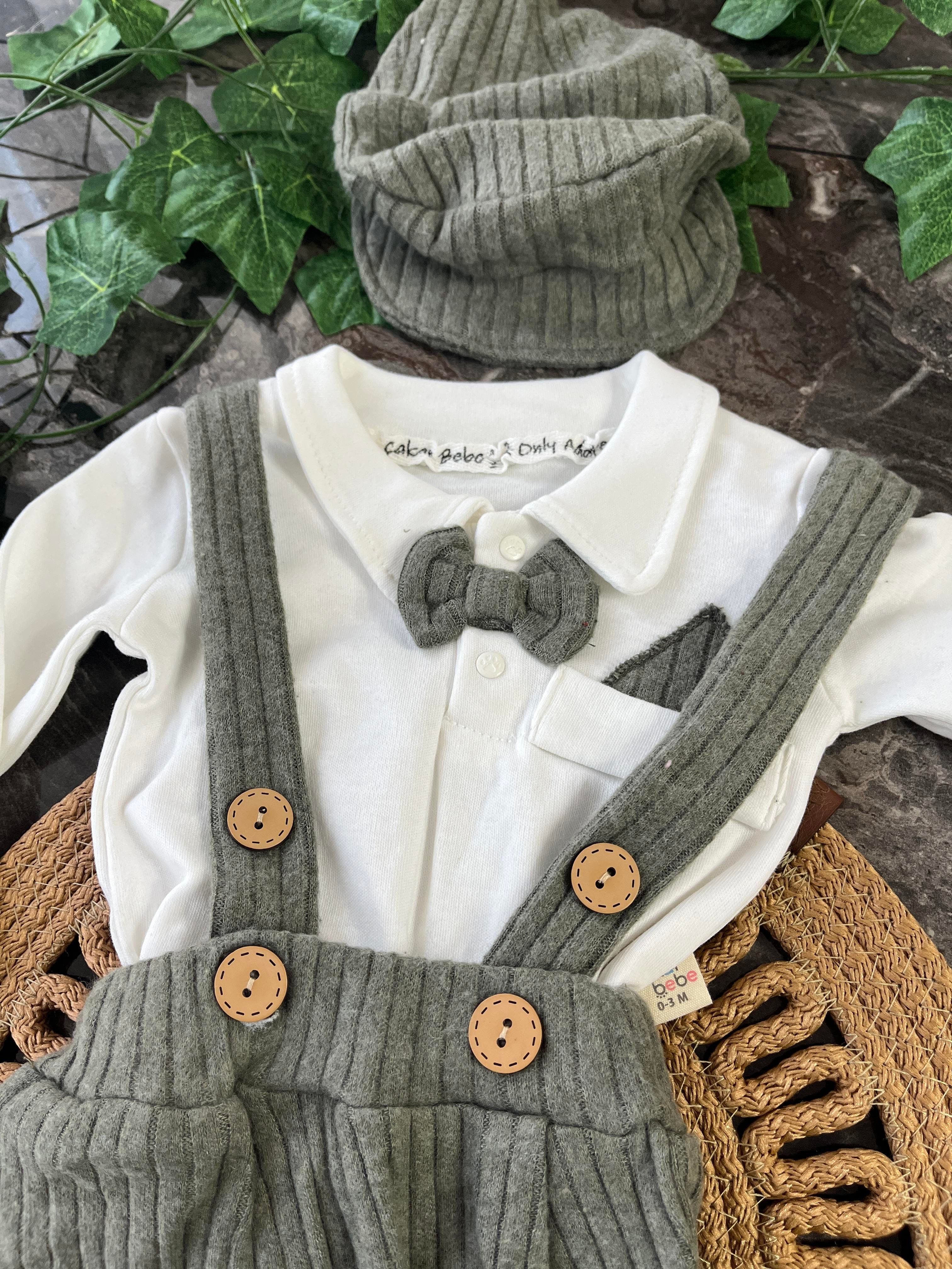 Mendil Detaylı Papyonlu Şapkalı Salopetli Takım Erkek Bebek 