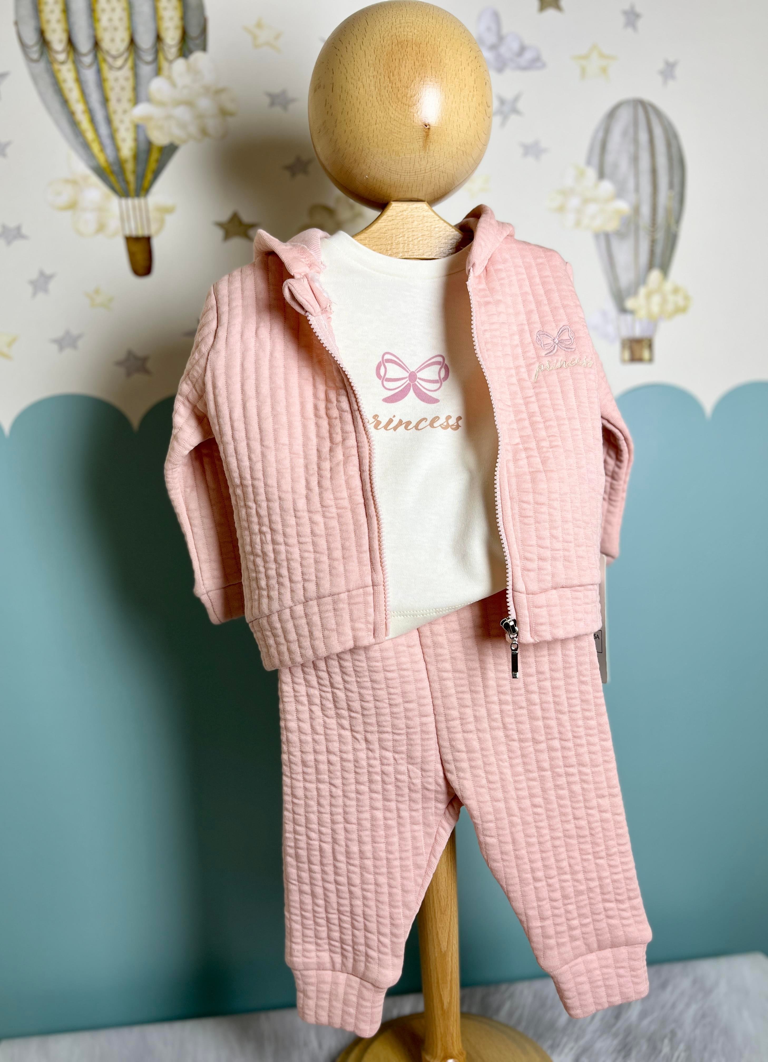 Princess Nakışlı Hırkalı 3lü Pembe Takım Kız Bebek