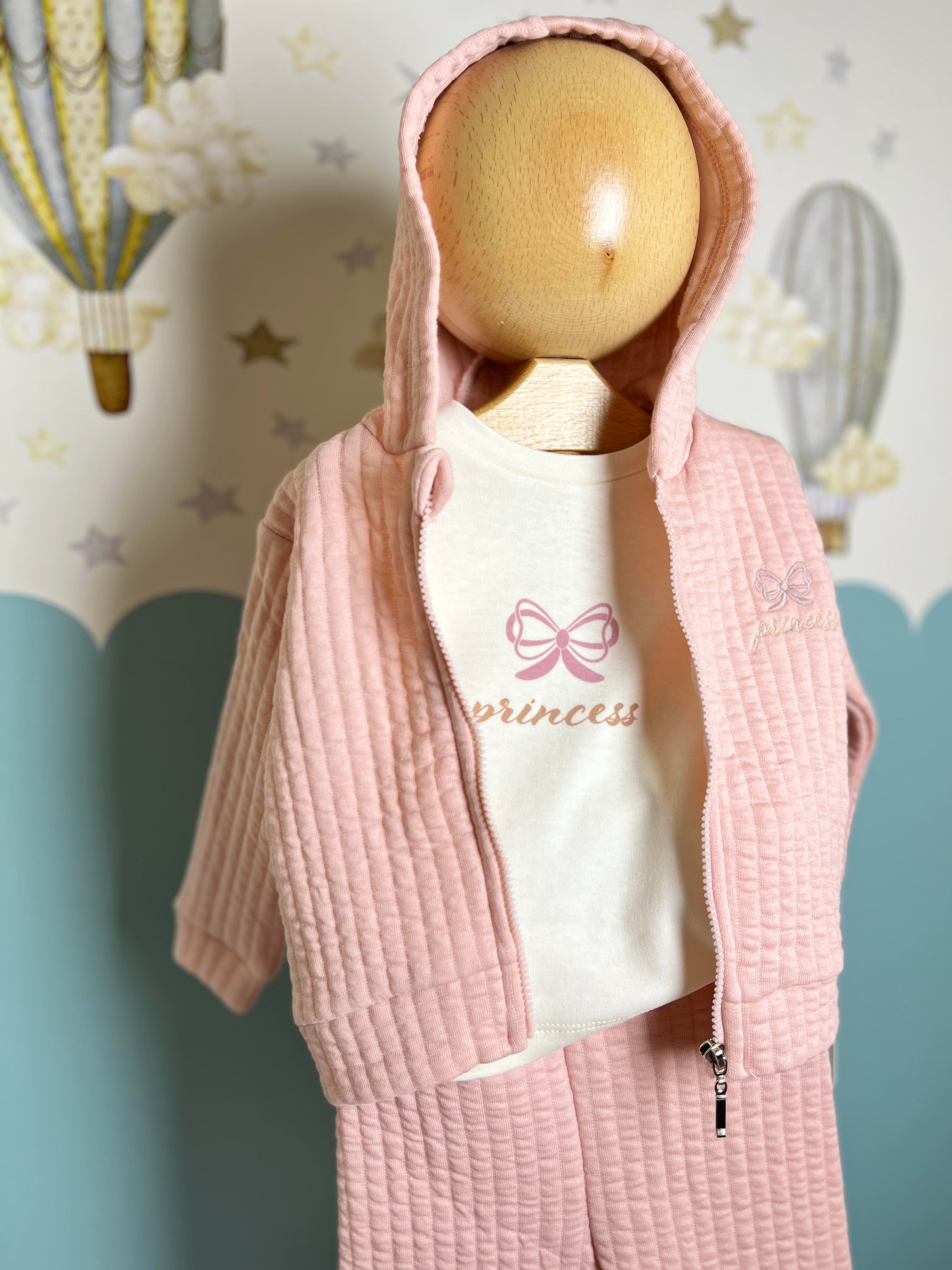 Princess Nakışlı Hırkalı 3lü Pembe Takım Kız Bebek