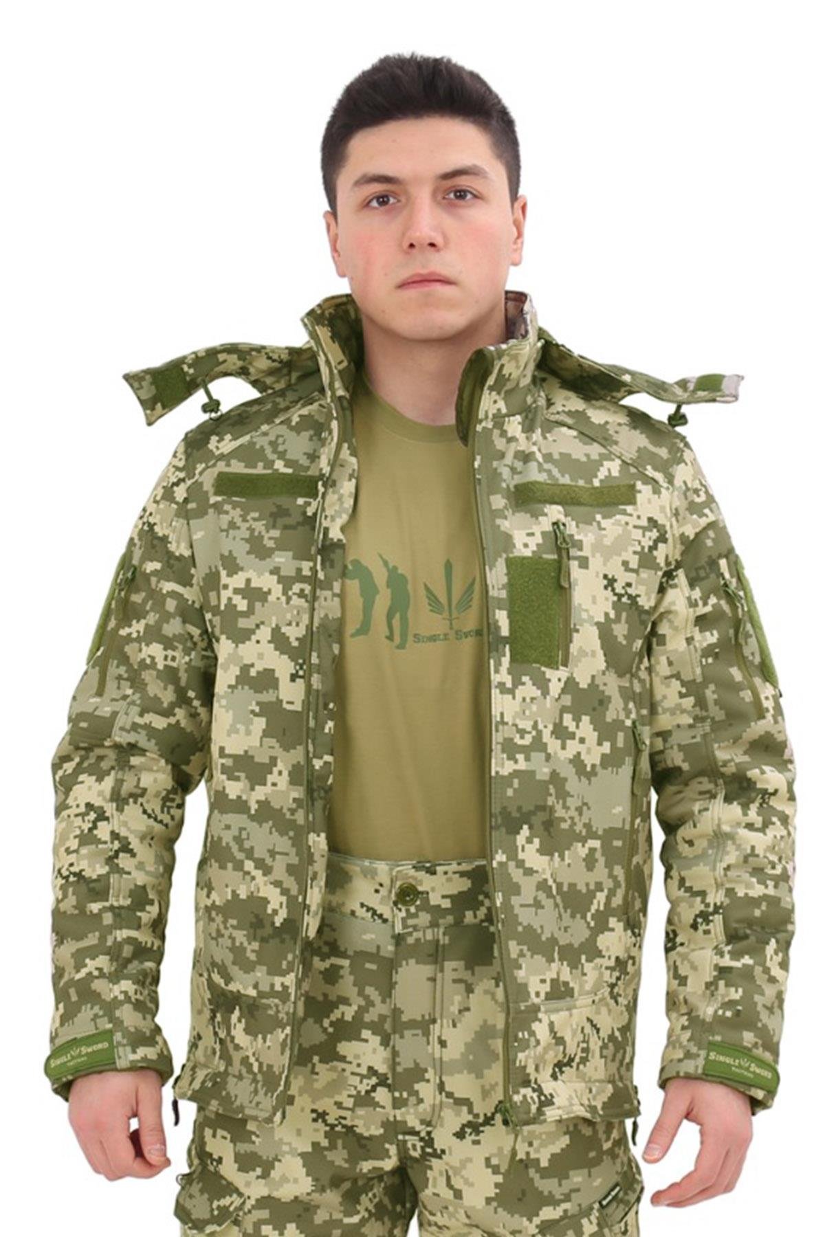 Single Sword Su&Rüzgâr Geçirmez Kapüşonlu Softshell Kışlık Erkek Mont