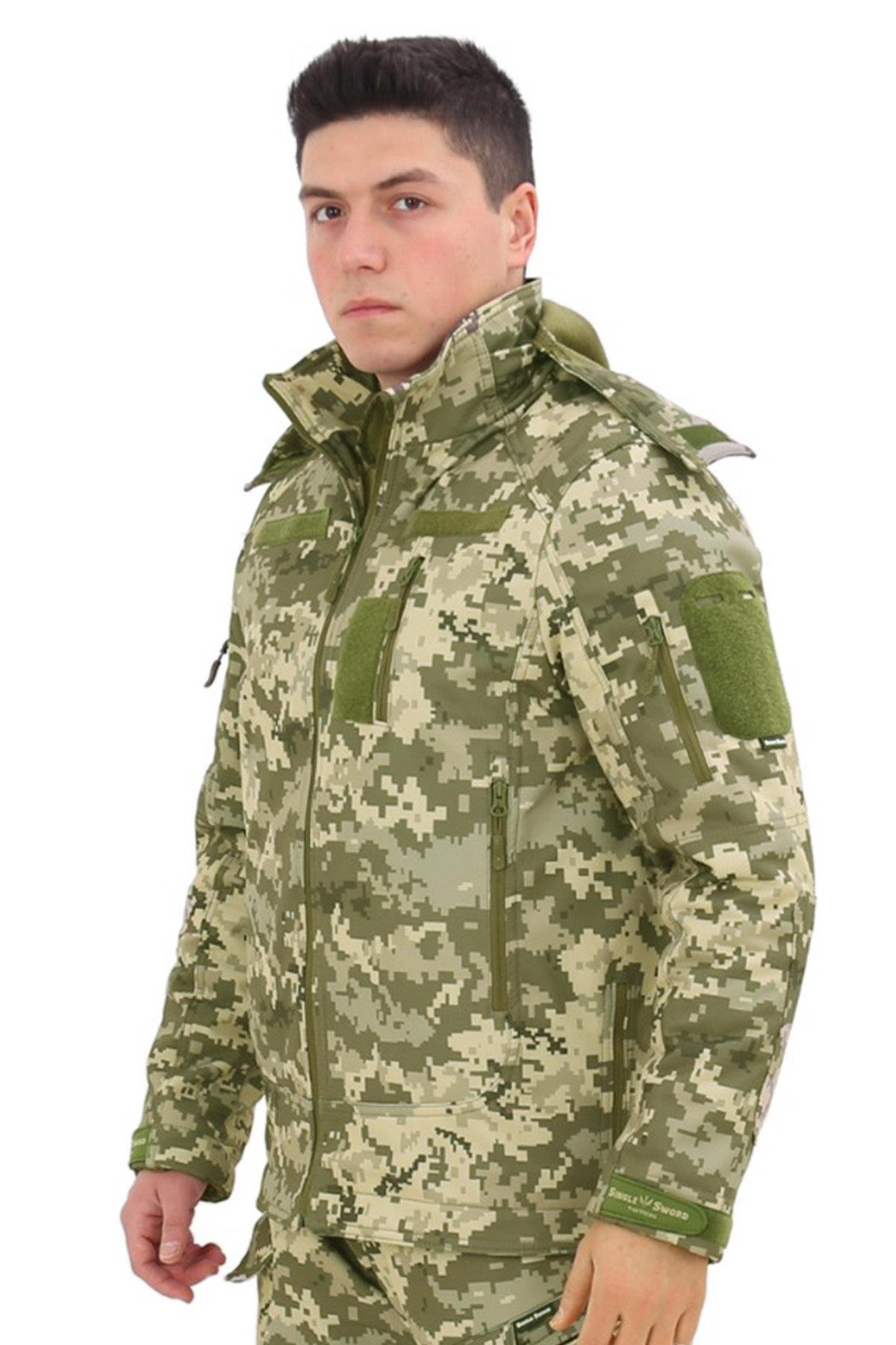 Single Sword Su&Rüzgâr Geçirmez Kapüşonlu Softshell Kışlık Erkek Mont