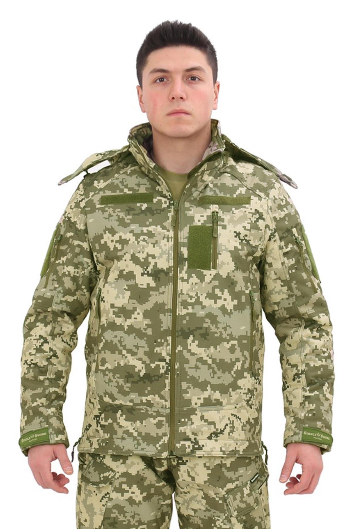Single Sword Su&Rüzgâr Geçirmez Kapüşonlu Softshell Kışlık Erkek Mont