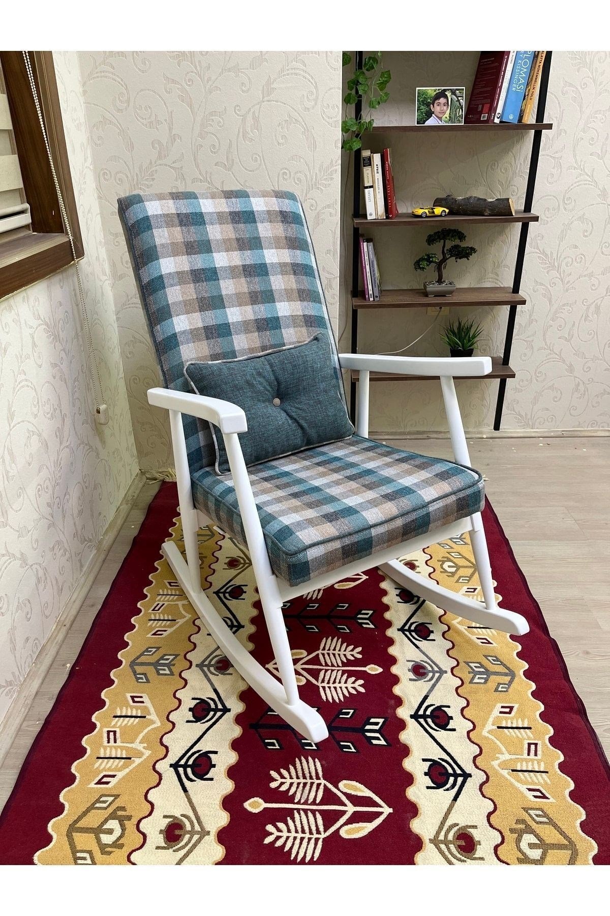 Trend Naturel Ekose Mavi Sallanan Sandalye Dinlenme Emzirme Baba Tv Okuma Koltuğu Berjer