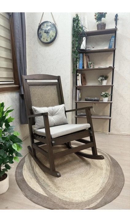 Veranda Minderli Hasırlı Koyu Ceviz Sallanan Sandalye Hazeranlı Dinlenme Koltuğu