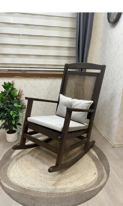 Veranda Minderli Hasırlı Koyu Ceviz Sallanan Sandalye Hazeranlı Dinlenme Koltuğu