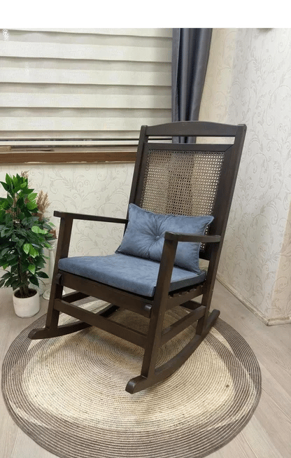 Veranda Minderli Hasırlı Koyu Ceviz Sallanan Sandalye Hazeranlı Dinlenme Koltuğu