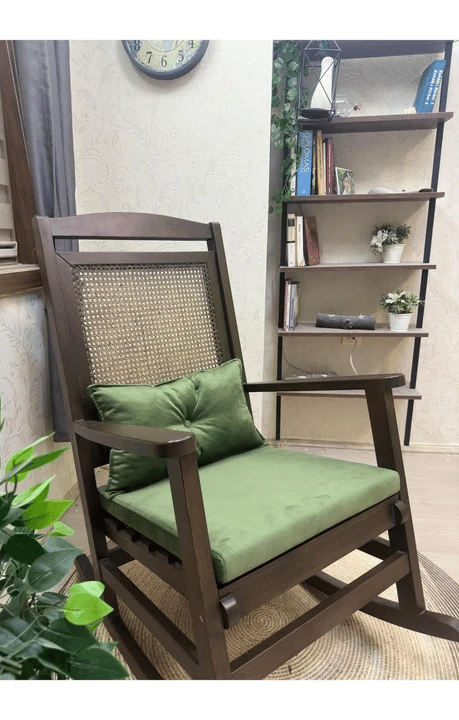 Veranda Minderli Hasırlı Koyu Ceviz Sallanan Sandalye Hazeranlı Dinlenme Koltuğu