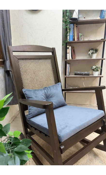 Veranda Minderli Hasırlı Koyu Ceviz Sallanan Sandalye Hazeranlı Dinlenme Koltuğu