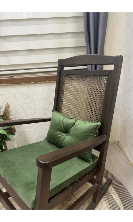 Veranda Minderli Hasırlı Koyu Ceviz Sallanan Sandalye Hazeranlı Dinlenme Koltuğu