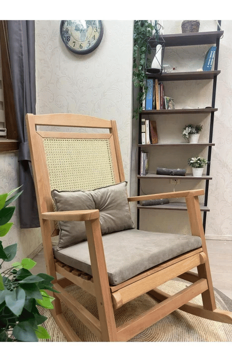 Veranda Minderli Hasırlı Naturel Sallanan Sandalye Hazeranlı Dinlenme Koltuğu