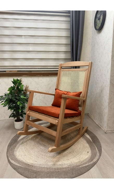 Veranda Minderli Hasırlı Naturel Sallanan Sandalye Hazeranlı Dinlenme Koltuğu
