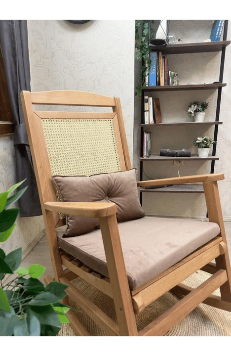 Veranda Minderli Hasırlı Naturel Sallanan Sandalye Hazeranlı Dinlenme Koltuğu