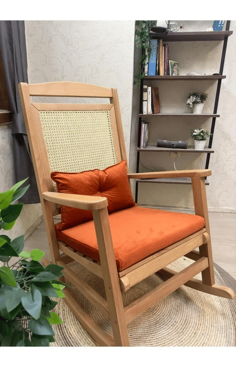 Veranda Minderli Hasırlı Naturel Sallanan Sandalye Hazeranlı Dinlenme Koltuğu