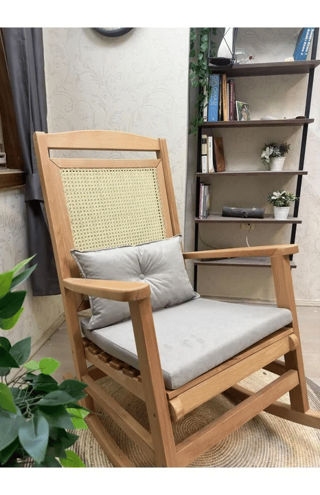 Veranda Minderli Hasırlı Naturel Sallanan Sandalye Hazeranlı Dinlenme Koltuğu