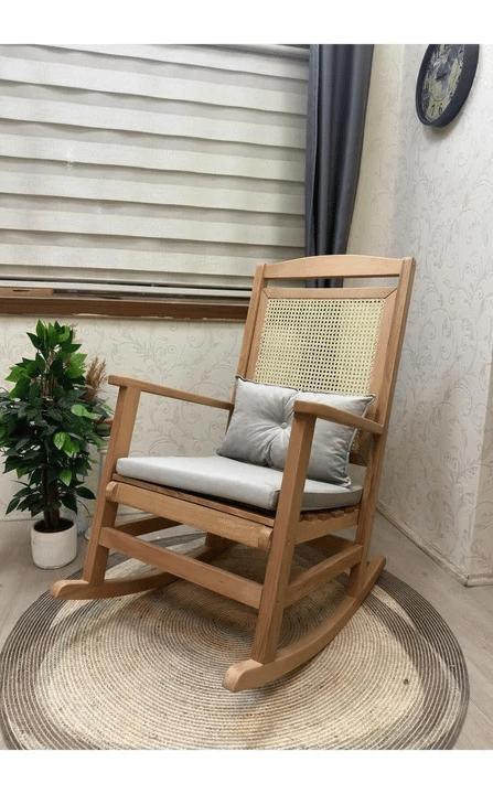 Veranda Minderli Hasırlı Naturel Sallanan Sandalye Hazeranlı Dinlenme Koltuğu