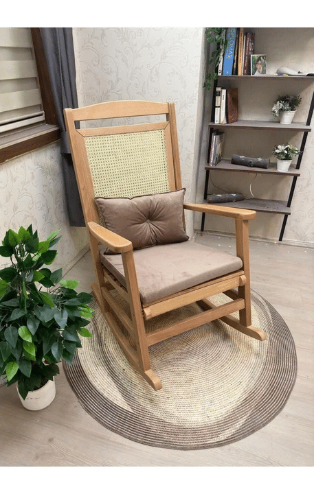 Veranda Minderli Hasırlı Naturel Sallanan Sandalye Hazeranlı Dinlenme Koltuğu