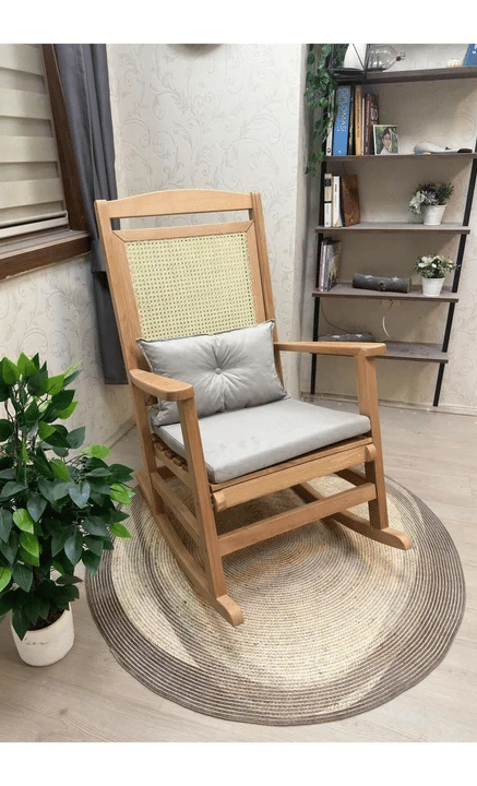 Veranda Minderli Hasırlı Naturel Sallanan Sandalye Hazeranlı Dinlenme Koltuğu