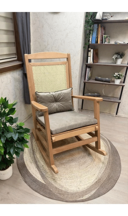 Veranda Minderli Hasırlı Naturel Sallanan Sandalye Hazeranlı Dinlenme Koltuğu