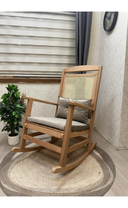 Veranda Minderli Hasırlı Naturel Sallanan Sandalye Hazeranlı Dinlenme Koltuğu