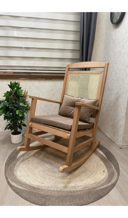 Veranda Minderli Hasırlı Naturel Sallanan Sandalye Hazeranlı Dinlenme Koltuğu