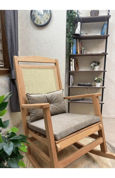 Veranda Minderli Hasırlı Naturel Sallanan Sandalye Hazeranlı Dinlenme Koltuğu