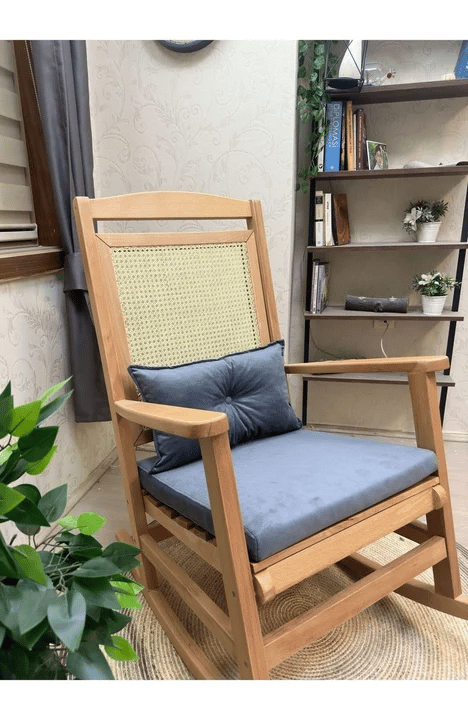 Veranda Minderli Hasırlı Naturel Sallanan Sandalye Hazeranlı Dinlenme Koltuğu