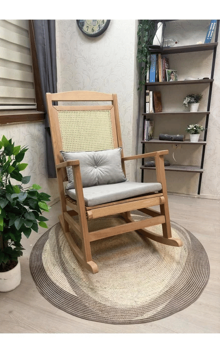Veranda Minderli Hasırlı Naturel Sallanan Sandalye Hazeranlı Dinlenme Koltuğu