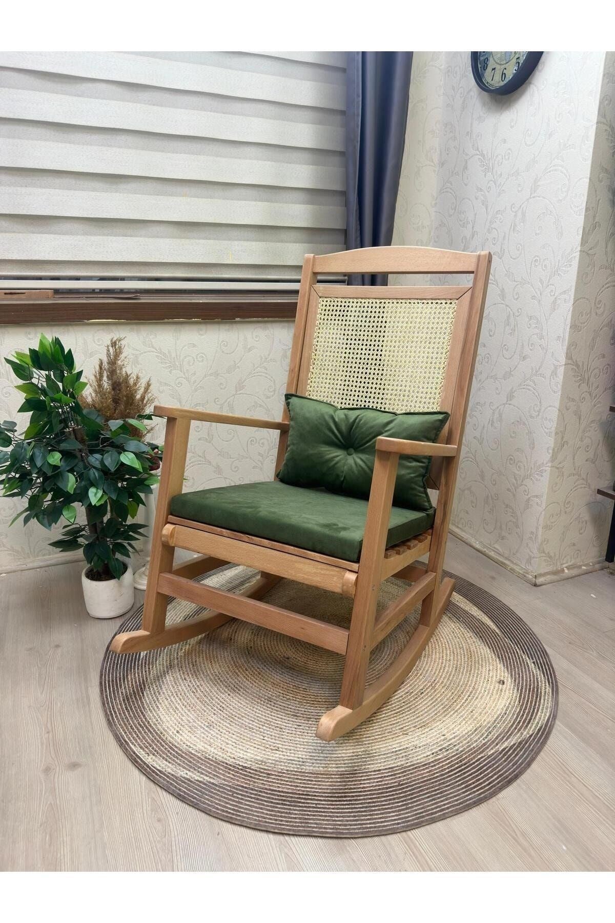 Veranda Naturel Krem Minderli Hasırlı Sallanan Sandalye Hazeranlı Dinlenme Koltuğu