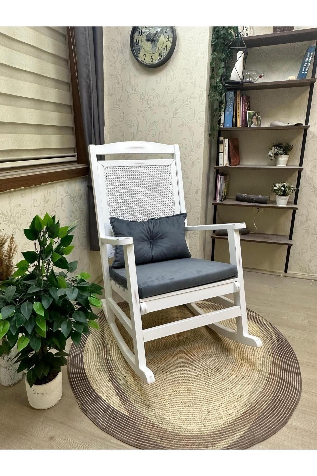 Veranda Naturel Krem Minderli Hasırlı Sallanan Sandalye Hazeranlı Dinlenme Koltuğu