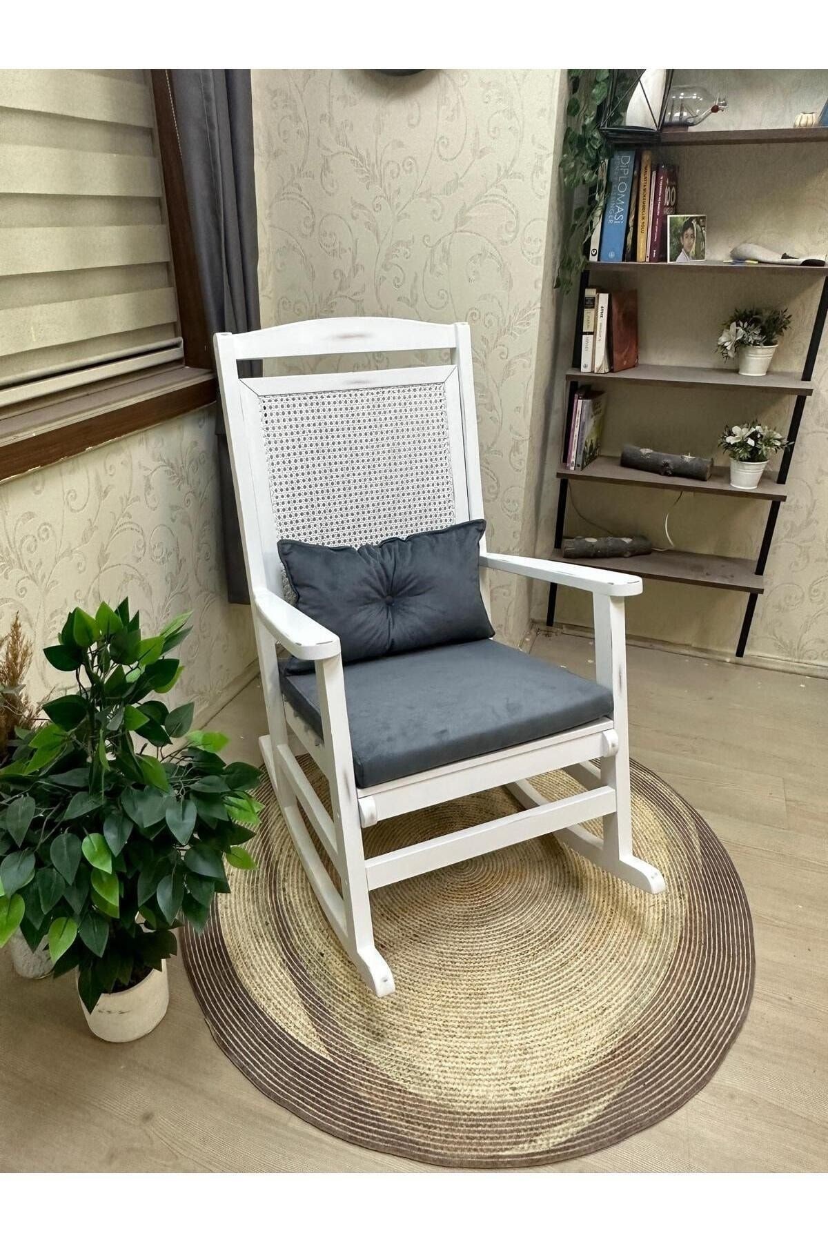 Veranda Naturel Krem Minderli Hasırlı Sallanan Sandalye Hazeranlı Dinlenme Koltuğu