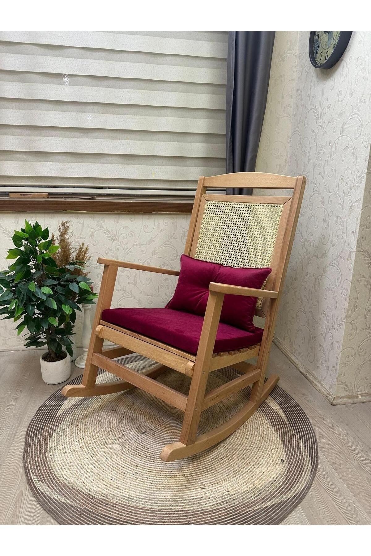 Veranda Naturel Krem Minderli Hasırlı Sallanan Sandalye Hazeranlı Dinlenme Koltuğu