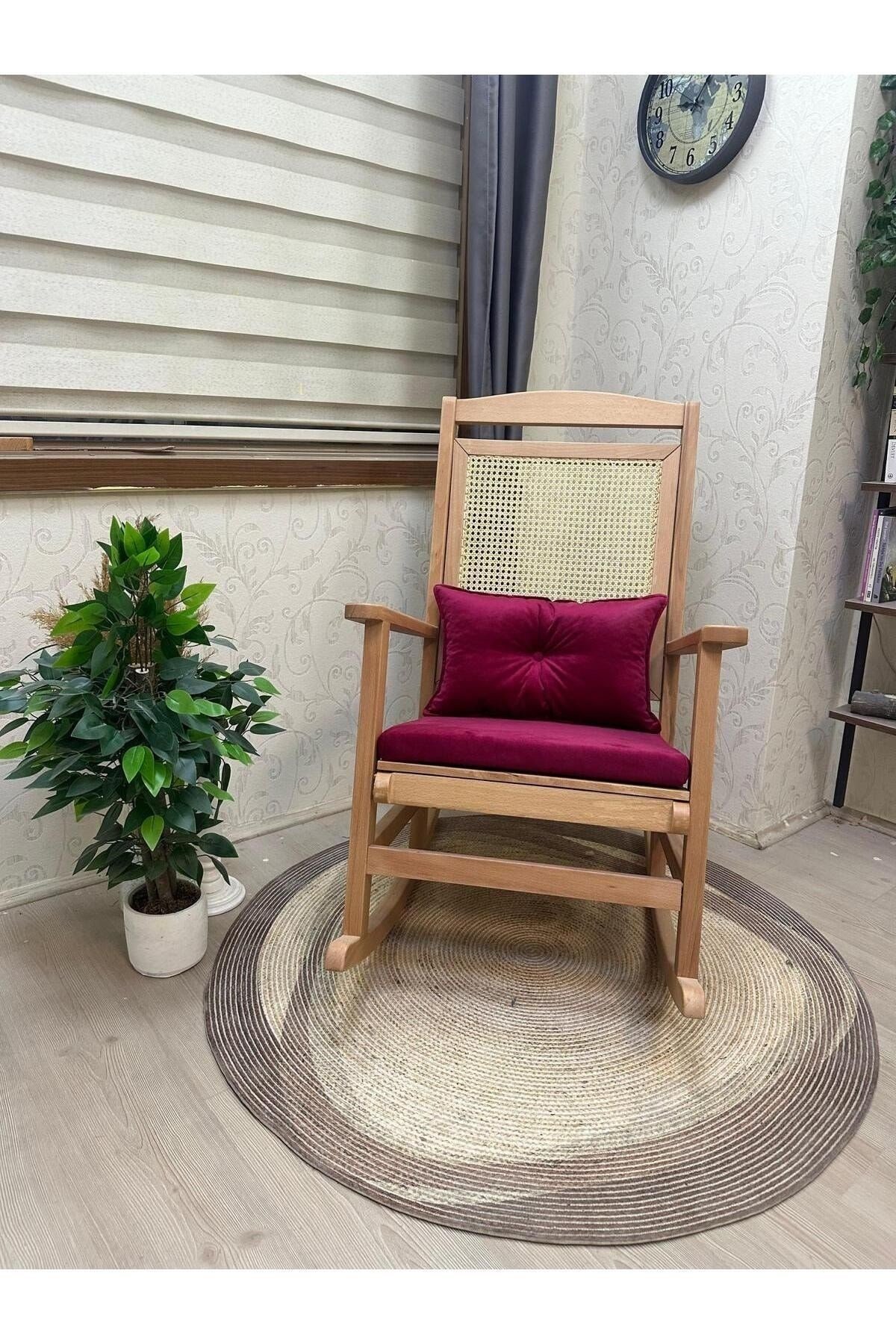 Veranda Naturel Krem Minderli Hasırlı Sallanan Sandalye Hazeranlı Dinlenme Koltuğu