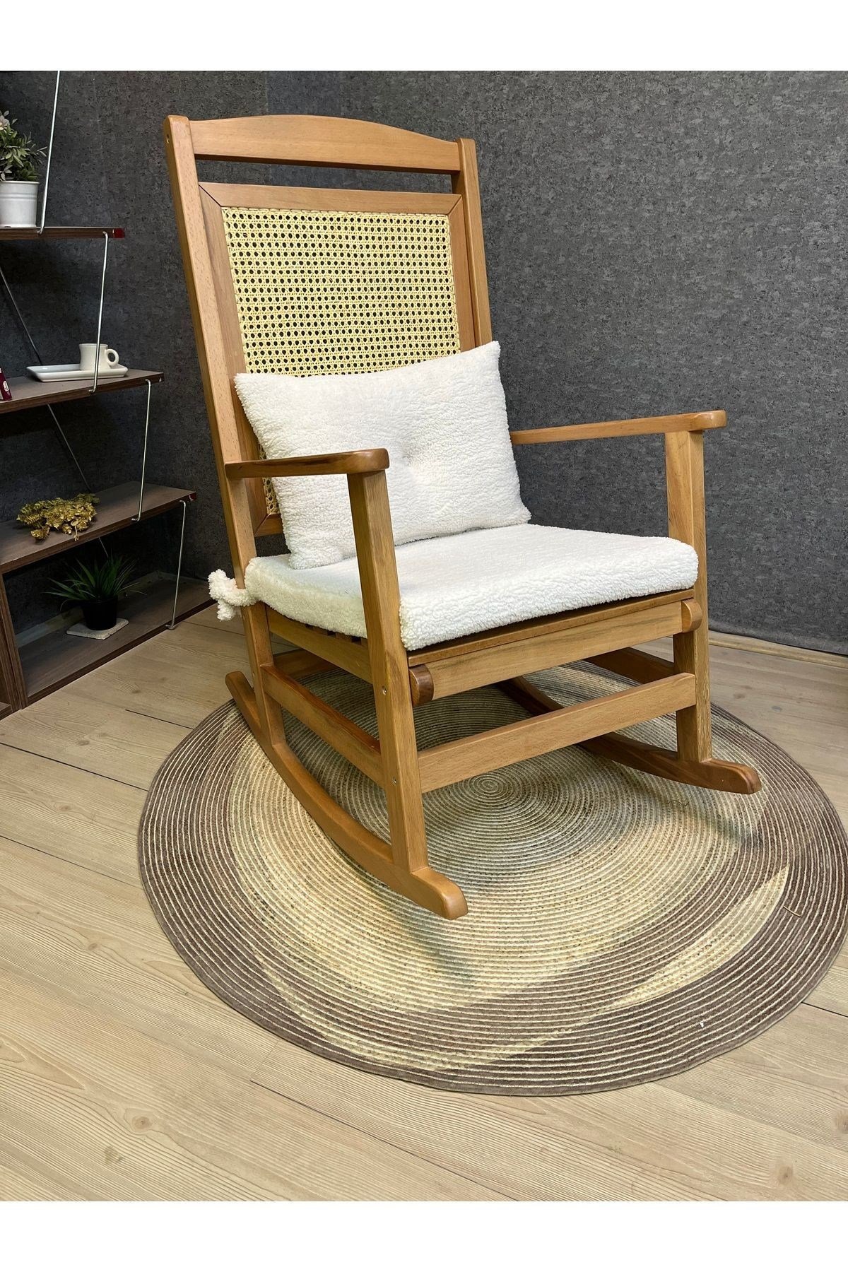 Veranda Naturel Teddy Krem Minderli Hasırlı Sallanan Sandalye Hazeranlı Dinlenme Koltuğu