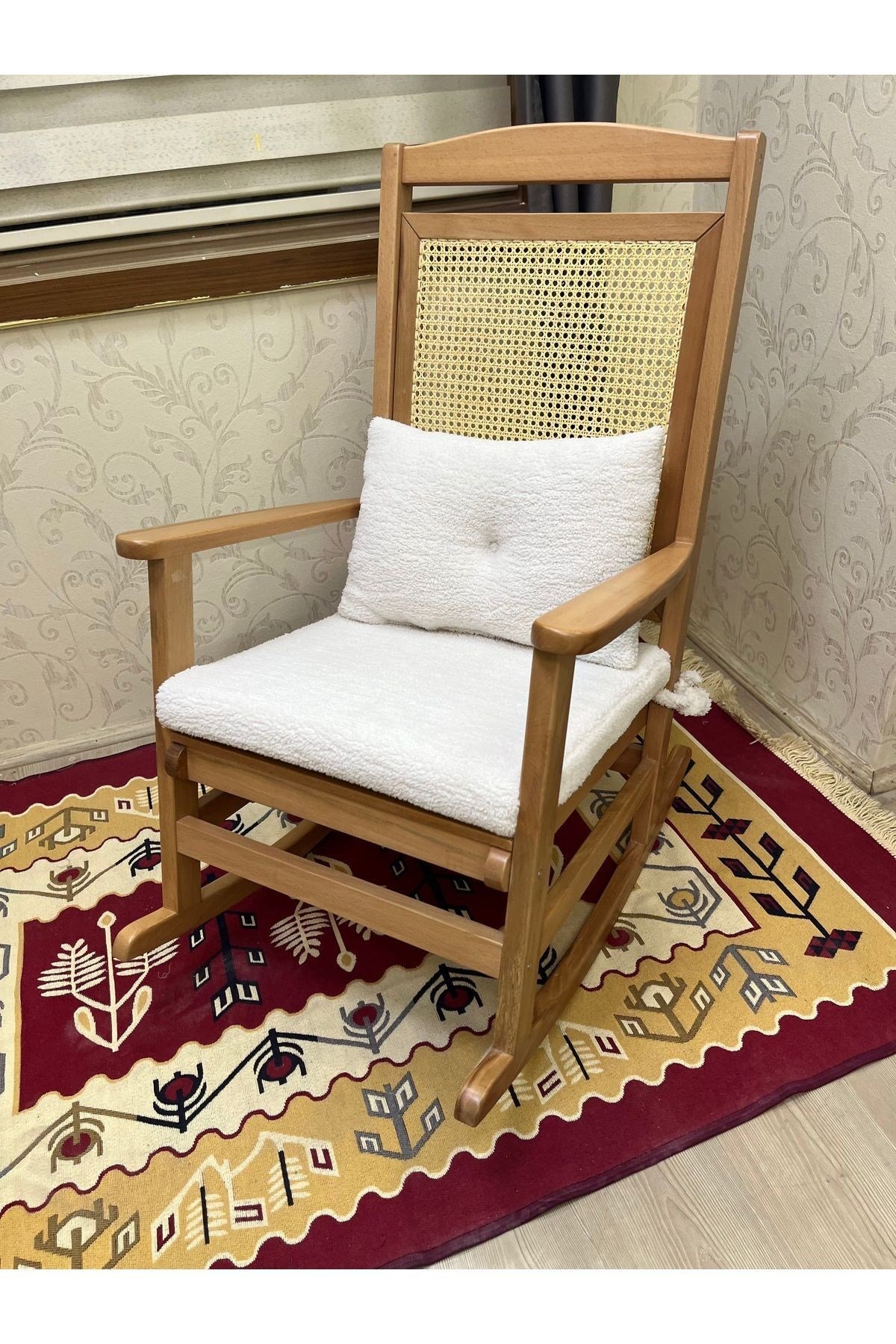 Veranda Naturel Teddy Krem Minderli Hasırlı Sallanan Sandalye Hazeranlı Dinlenme Koltuğu