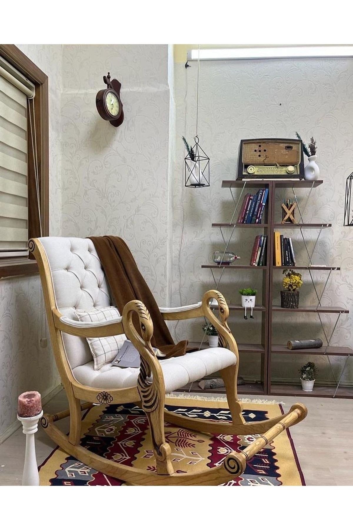 Vintage Kuğu Ceviz Gri El Oyması Ahşap Sallanan Sandalye Dinlenme Koltuğu