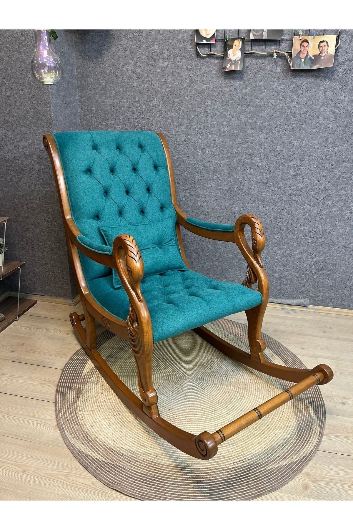 Vintage Kuğu Ceviz Gri El Oyması Ahşap Sallanan Sandalye Dinlenme Koltuğu