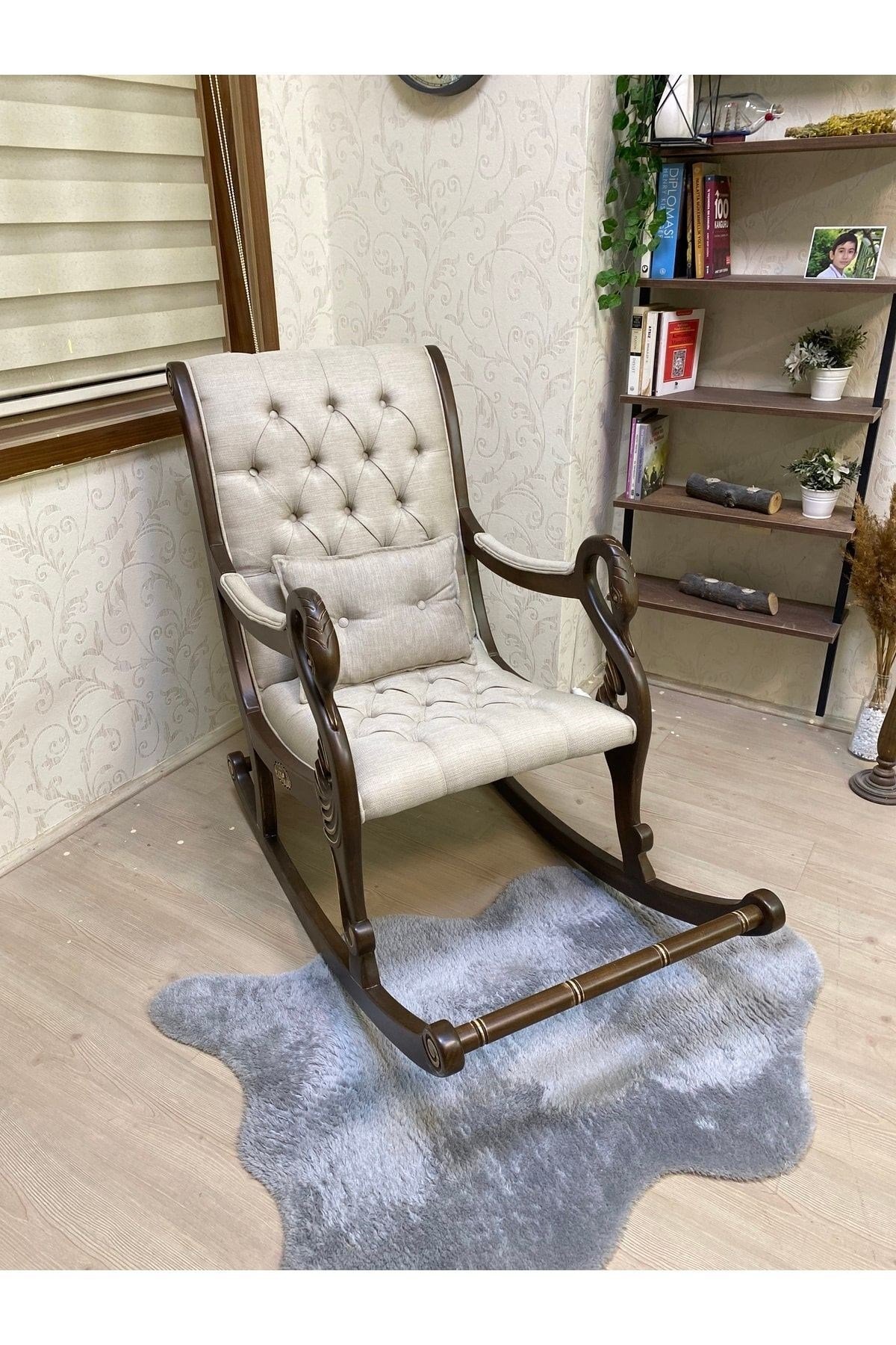 Vintage Kuğu Ceviz Gri El Oyması Ahşap Sallanan Sandalye Dinlenme Koltuğu