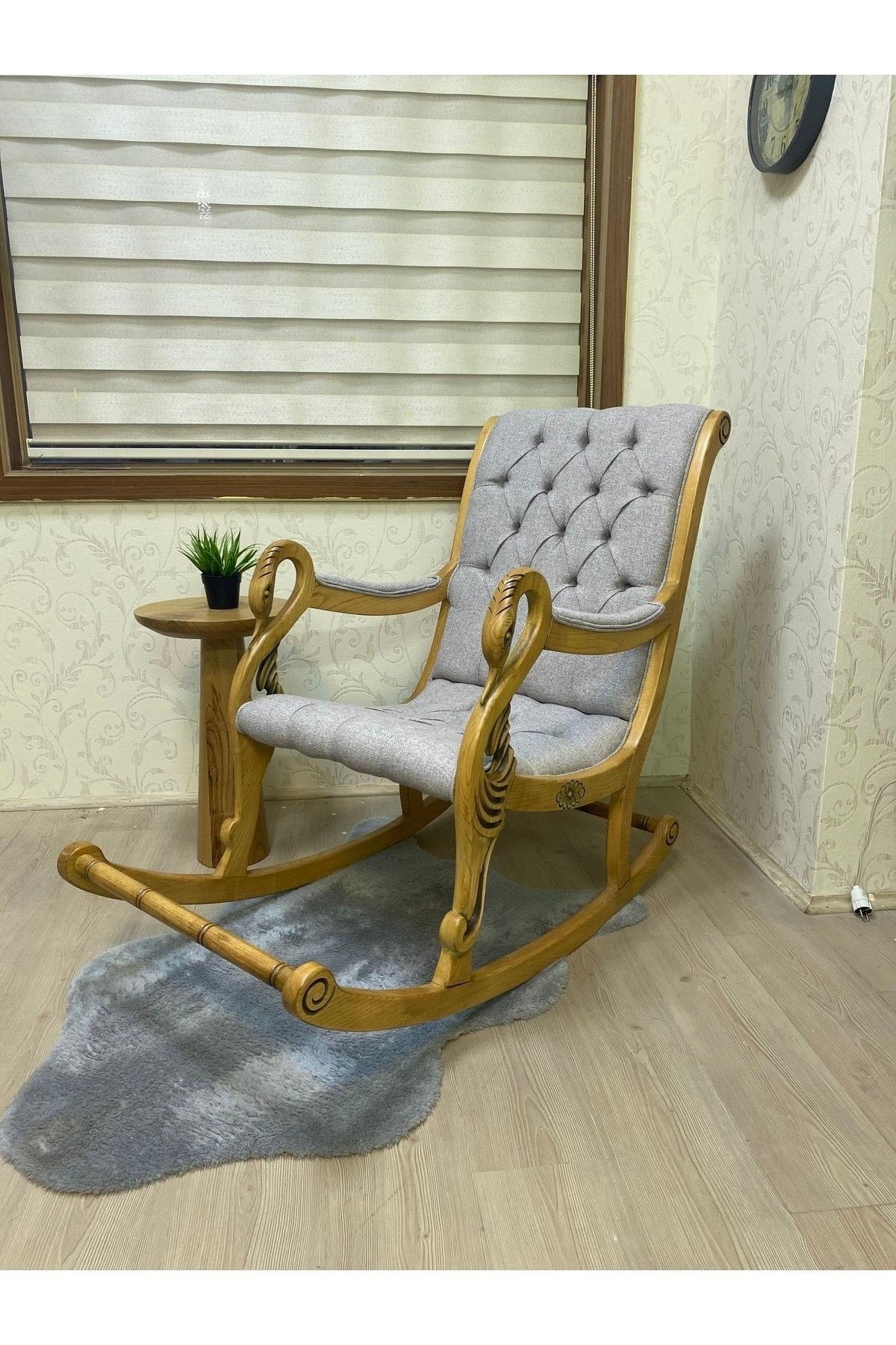 Vintage Kuğu Ceviz Gri El Oyması Ahşap Sallanan Sandalye Dinlenme Koltuğu