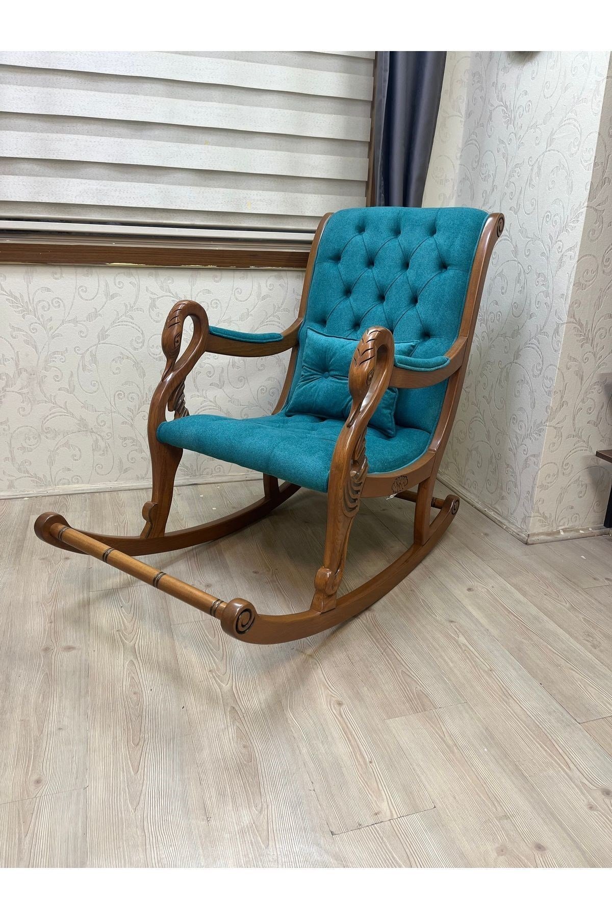 Vintage Kuğu Ceviz Gri El Oyması Ahşap Sallanan Sandalye Dinlenme Koltuğu