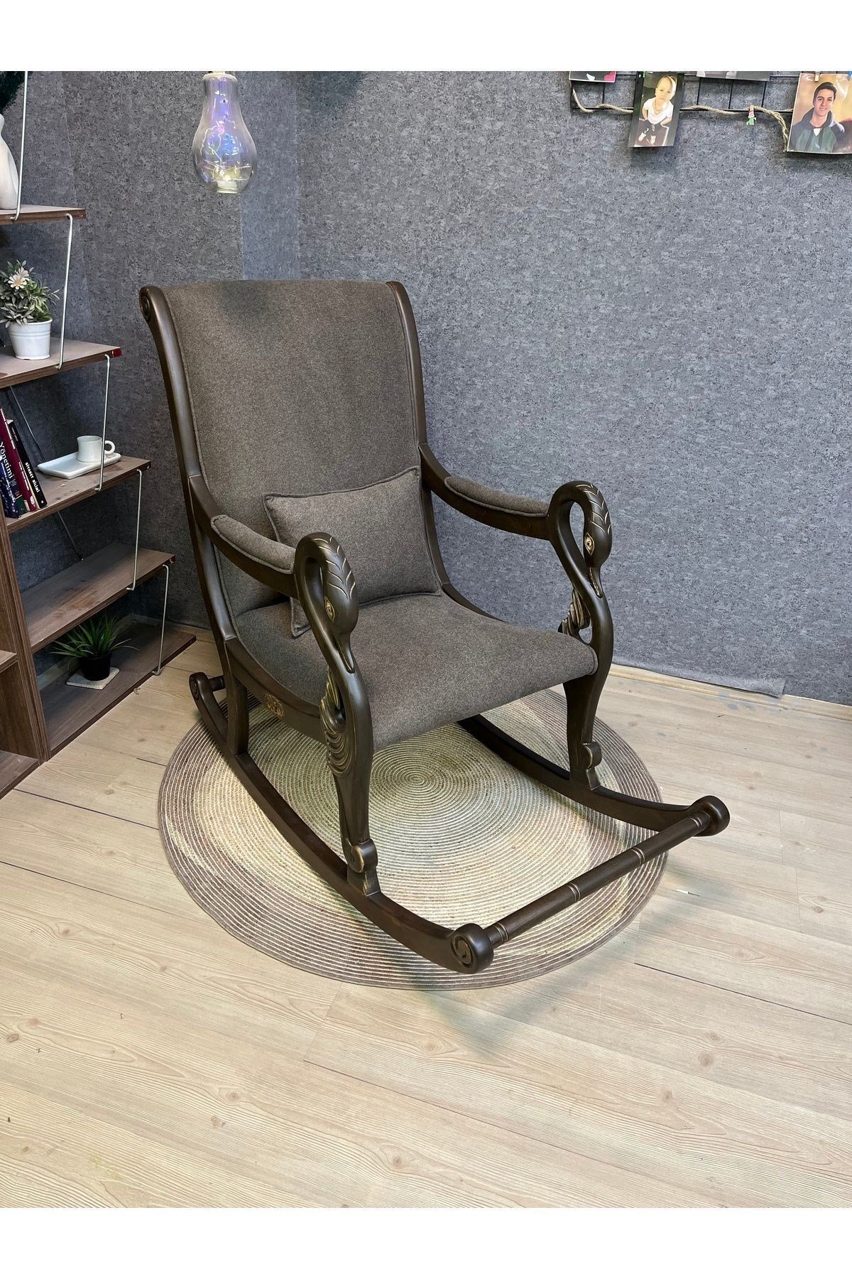 Vintage Kuğu Ceviz Gri El Oyması Ahşap Sallanan Sandalye Dinlenme Koltuğu