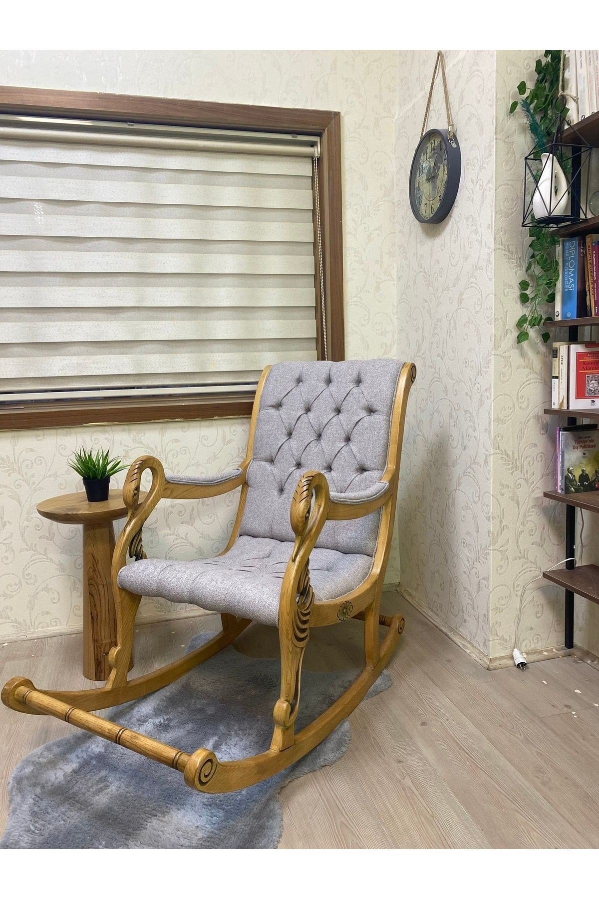 Vintage Kuğu Ceviz Gri El Oyması Ahşap Sallanan Sandalye Dinlenme Koltuğu
