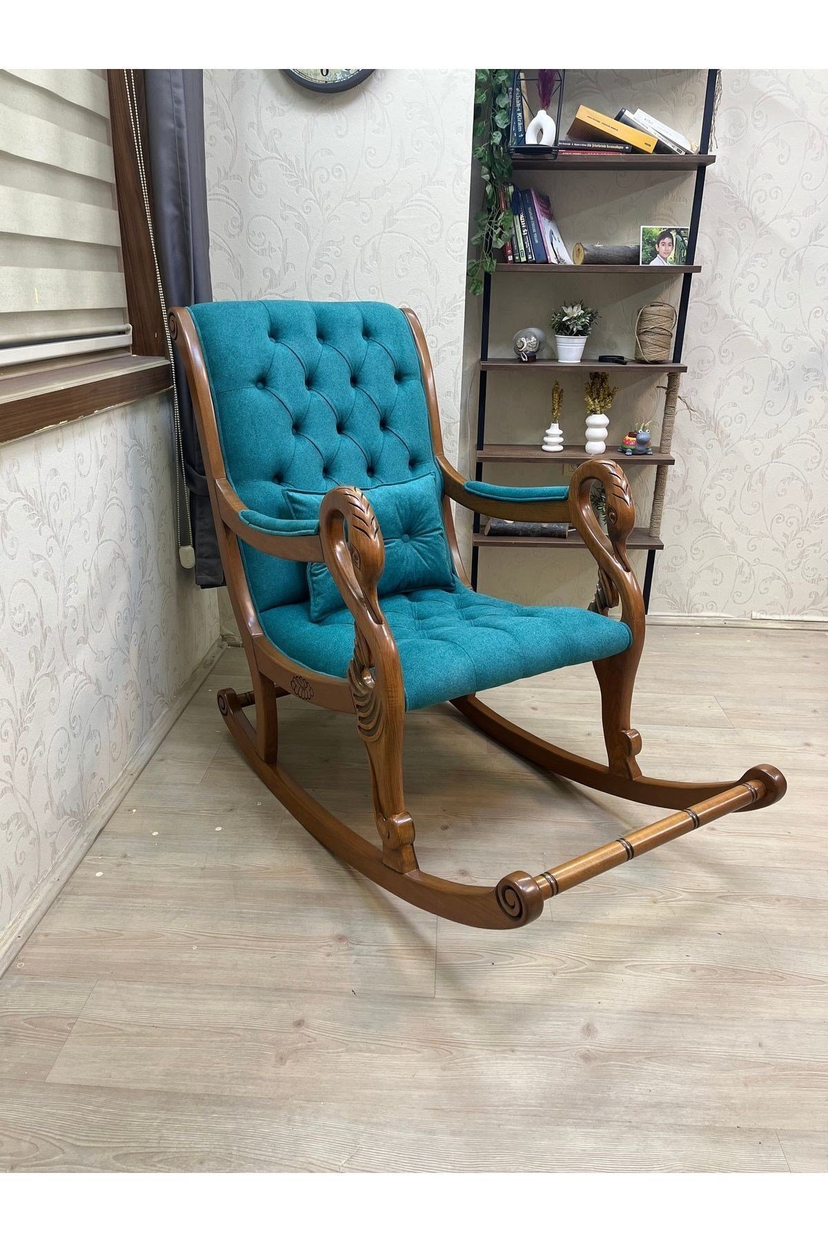Vintage Kuğu Ceviz Gri El Oyması Ahşap Sallanan Sandalye Dinlenme Koltuğu