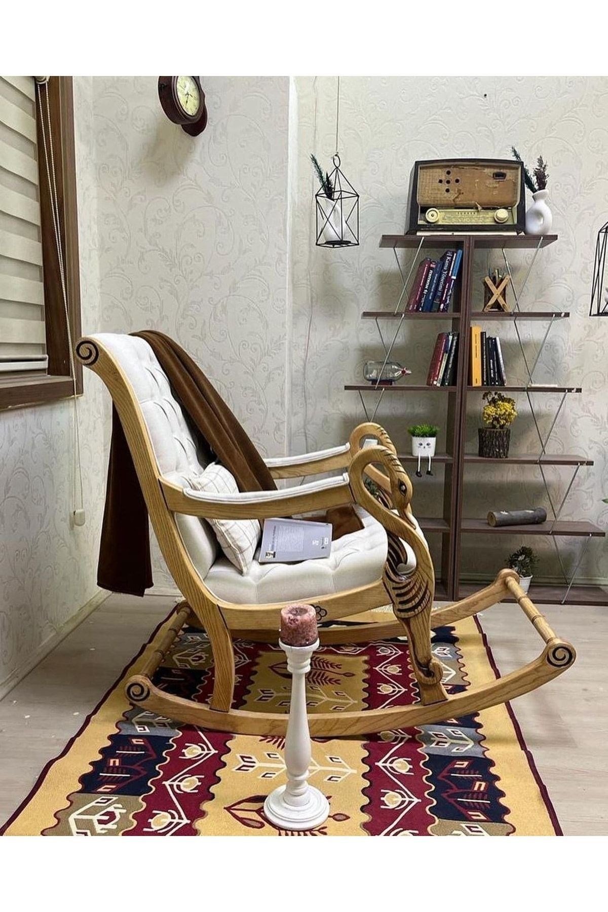 Vintage Kuğu Ceviz Gri El Oyması Ahşap Sallanan Sandalye Dinlenme Koltuğu