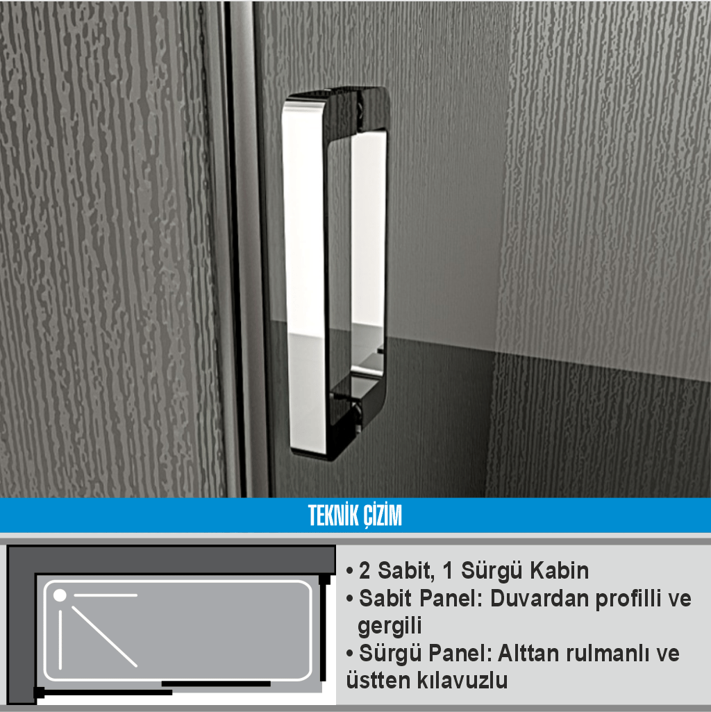 PAKDUŞ VERA D221A Yan Panelli, 2 Sabit 1 Açılır, Dikdörtgen, 8 Mm Şeffaf Duşakabin